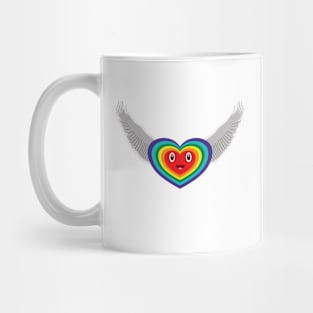 Cartoon of a heart with rainbow colors, flying Mug